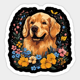 A Golden Retriever surrounded with wild flowers, illustration Sticker